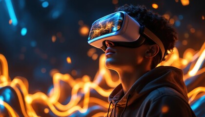 Teen male immersed in virtual reality with dynamic orange light effects