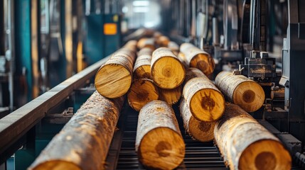 Poster - Logs on a conveyor belt inside a lumber processing facility, capturing the industrial machinery and efficient workflow in the timber production process.