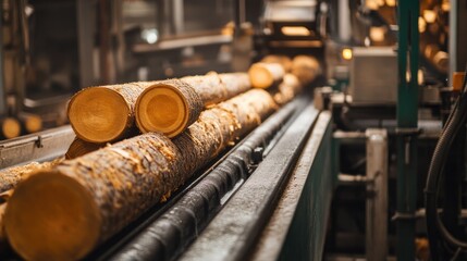 Poster - Logs on a conveyor belt inside a lumber processing facility, capturing the industrial machinery and efficient workflow in the timber production process.