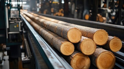 Poster - Logs on a conveyor belt inside a lumber processing facility, capturing the industrial machinery and efficient workflow in the timber production process.