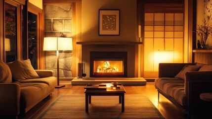 Poster - Modern lamps providing soft illumination in a cozy living room, complete with a glowing fireplace, creating a warm and inviting atmosphere.