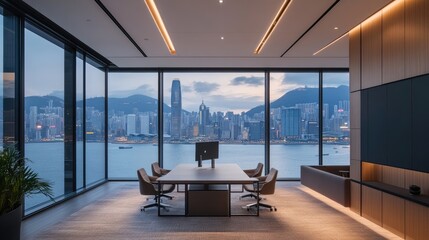 Poster - Modern office space with a minimalist design, featuring an incredible view of Hong Kong's skyline and bustling harbor.