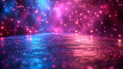 Poster - Vibrant pink and blue bokeh lights reflected on shimmering surface