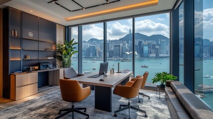 Poster - Modern office space with a minimalist design, featuring an incredible view of Hong Kong's skyline and bustling harbor.