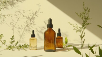 Poster - Natural cosmetics bottles on a light background, displaying skincare solutions derived from nature, with a focus on beauty and wellness.