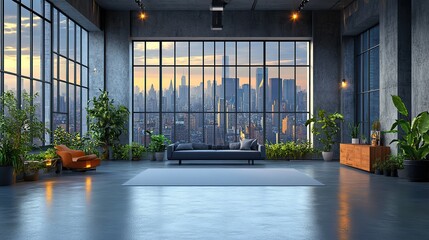 Poster - spacious and modern loft office with minimalist design and city view ideal workspace for creative professionals