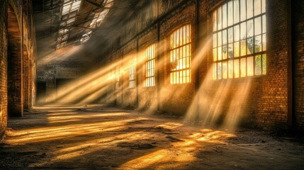 Poster - Rays of sunlight streaming through large industrial windows in an abandoned factory, illuminating the dusty interior and creating a melancholic atmosphere.