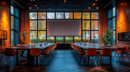 Poster - spacious empty conference room with large projection screen and arranged seating for corporate meetings business presentations seminars and conferences