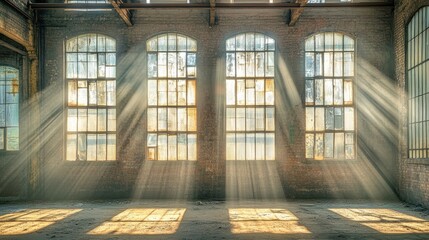 Poster - Rays of sunlight streaming through large industrial windows in an abandoned factory, illuminating the dusty interior and creating a melancholic atmosphere.