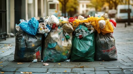 Poster - Overflowing trash bags with separated waste, representing the crucial role of recycling in waste management and promoting a sustainable environment.