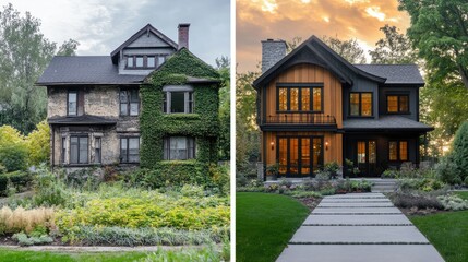 Poster - Slider image comparing a dilapidated house to a finished custom home, featuring lush greenery and a welcoming, modern exterior.