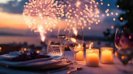 Poster - Soft candlelight illuminating a table, with a grand fireworks display filling the sky, creating a perfect setting for a romantic evening.