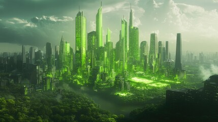 Poster - Stunning futuristic city with glowing green outlines of towering buildings, surrounded by vibrant green vegetation and a harmonious mix of nature and development.