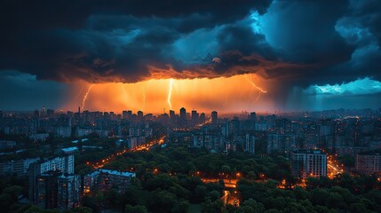 Poster - spectacular thunderstorm with bright flashes and heavy rain in nocturnal urban scene