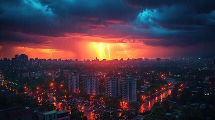 Poster - spectacular thunderstorm with bright flashes and heavy rain in nocturnal urban scene