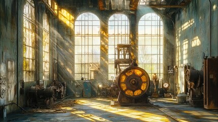 Poster - Sunlight filtering through the cracked windows of an old industrial building, casting a nostalgic glow over forgotten machinery and worn floors.