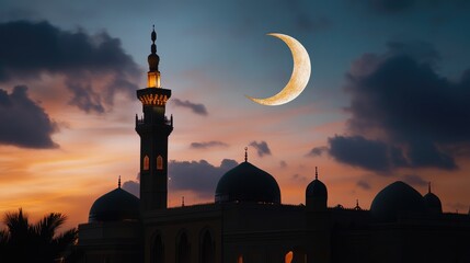 Poster - The crescent moon shines brightly over a mosque, bathed in warm light at dusk, as worshippers gather for evening prayers.