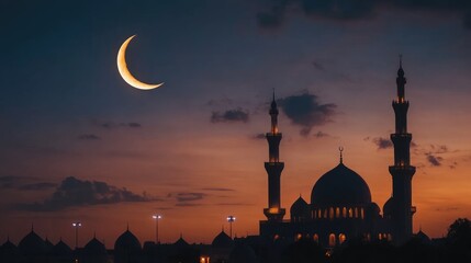 Poster - The crescent moon shines brightly over a mosque, bathed in warm light at dusk, as worshippers gather for evening prayers.