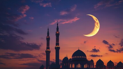 Poster - The crescent moon shines brightly over a mosque, bathed in warm light at dusk, as worshippers gather for evening prayers.