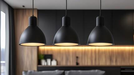 Poster - Three black pendant lamps with minimalist design hanging in a modern living room, enhancing the sleek and sophisticated of the space.