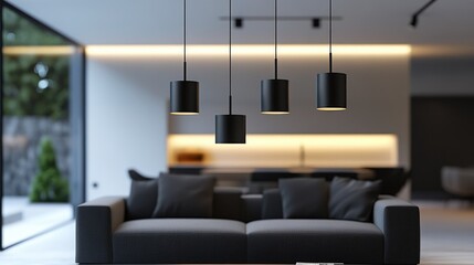 Poster - Three black pendant lamps with minimalist design hanging in a modern living room, enhancing the sleek and sophisticated of the space.