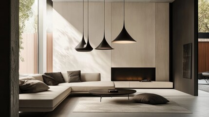Poster - Three black pendant lamps with minimalist design hanging in a modern living room, enhancing the sleek and sophisticated of the space.