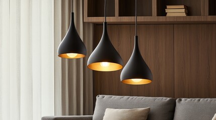 Poster - Three contemporary black pendant lamps illuminating a stylish living room, blending modern design with cozy, inviting lighting.