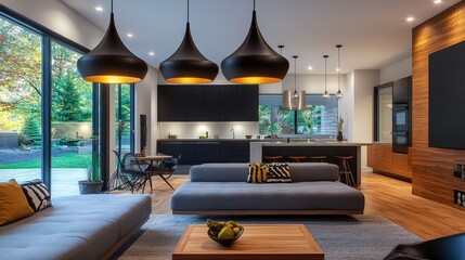 Poster - Three contemporary black pendant lamps illuminating a stylish living room, blending modern design with cozy, inviting lighting.