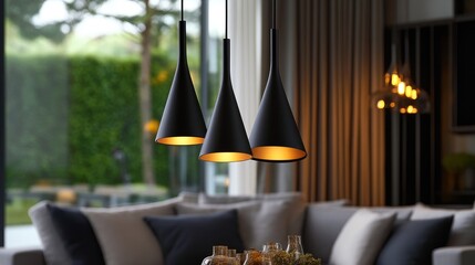 Poster - Three contemporary black pendant lamps illuminating a stylish living room, blending modern design with cozy, inviting lighting.