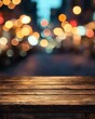 © grey - Blurred background of a night street with bokeh lights and an empty wooden table for product display in an urban city at evening
