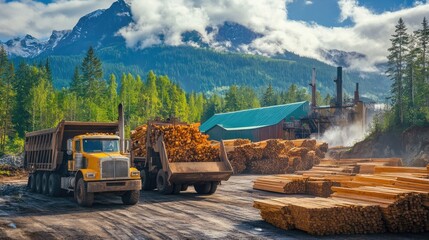 Poster - Trucks loading wood at a sawmill set against a mountain backdrop, showcasing the raw nature of lumber processing in a stunning natural environment