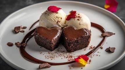 Poster - Two perfectly baked heart-shaped brownies, topped with vanilla ice cream and chocolate sauce, served on a white plate for a delightful dessert.