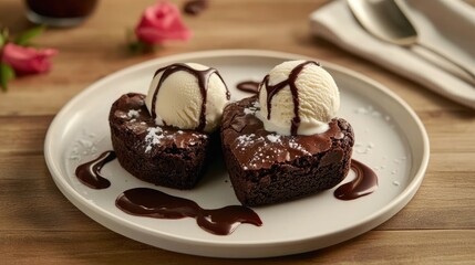 Poster - Two perfectly baked heart-shaped brownies, topped with vanilla ice cream and chocolate sauce, served on a white plate for a delightful dessert.