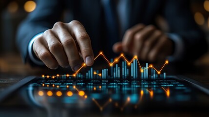 Poster - strategic business growth planning with businessman pointing at rising arrow graph for future corporate success and development concepts