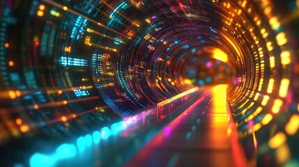 Poster - Vibrant, glowing network cables in a sleek data center tunnel, highlighting advanced digital connections and technological innovation.
