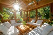 © Smoky - Bright sunroom with wooden furniture and white cushions offering a serene view of lush greenery and natural light for relaxation