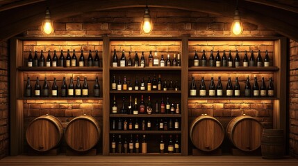 Poster - Wooden barrels and shelves lined with bottles of wine aging in a wine cellar, evoking a sense of tradition and craftsmanship in the world of viticulture.