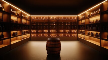 Poster - Wooden barrels and shelves lined with bottles of wine aging in a wine cellar, evoking a sense of tradition and craftsmanship in the world of viticulture.