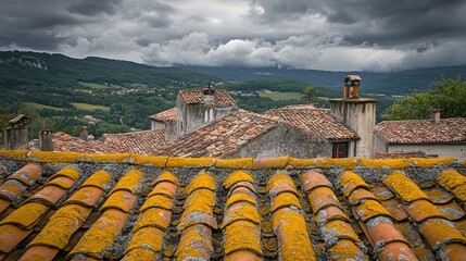 Poster - Yellow lichen thriving on rustic roof tiles, set in the idyllic French countryside, showcasing the passage of time and nature beauty.