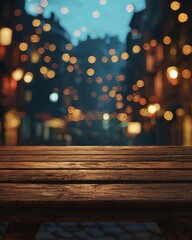 Wall Mural - Blurred background of a night street with bokeh lights and an empty wooden table for product display in an urban city at evening