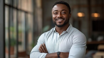 Poster - successful male entrepreneur smiling confidently with arms crossed in modern office setting