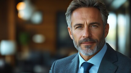 Poster - successful mature businessman in formal suit confidently looking at camera exemplifying leadership a