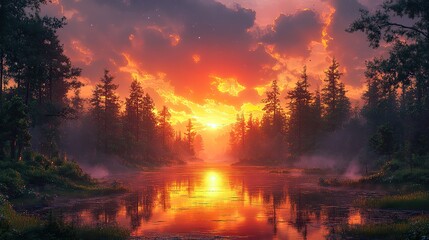 Poster - sunset in the forest mystical fantasy anime scenery sunset scenery anime scene background wallpaper with beautiful sunset generative ai