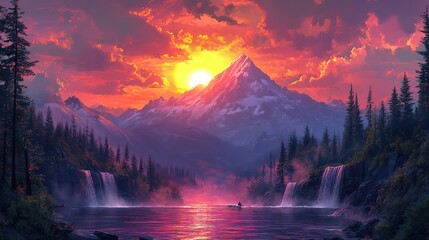 Poster - sunset in the mountains dark sunset over landscape oil painting with giant snow covered mountain in the background and lush forest with waterfalls in the foreground generative ai