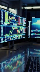 Poster - Financial market data analysis on multiple monitors in modern trading office