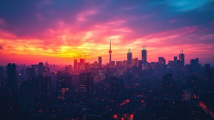 Poster - sunset silhouettes majestic urban skyline and soaring skyscrapers reflecting the vibrant economic pulse and architectural grandeur of the city