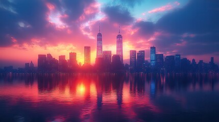 Poster - sunset silhouettes majestic urban skyline and soaring skyscrapers reflecting the vibrant economic pulse and architectural grandeur of the city