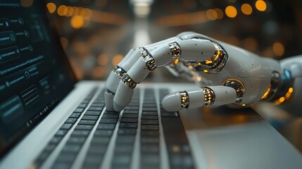 Poster - the future of customer service robot hands pointing to laptop button with advisor chatbot concept