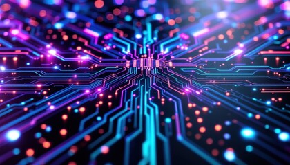 Poster - Futuristic circuit board design with glowing neon lights and digital connections