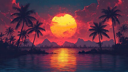 Poster - tropical sunset with palm trees summertime sunset synthwave vivid colors pure white background t shirt design generative ai